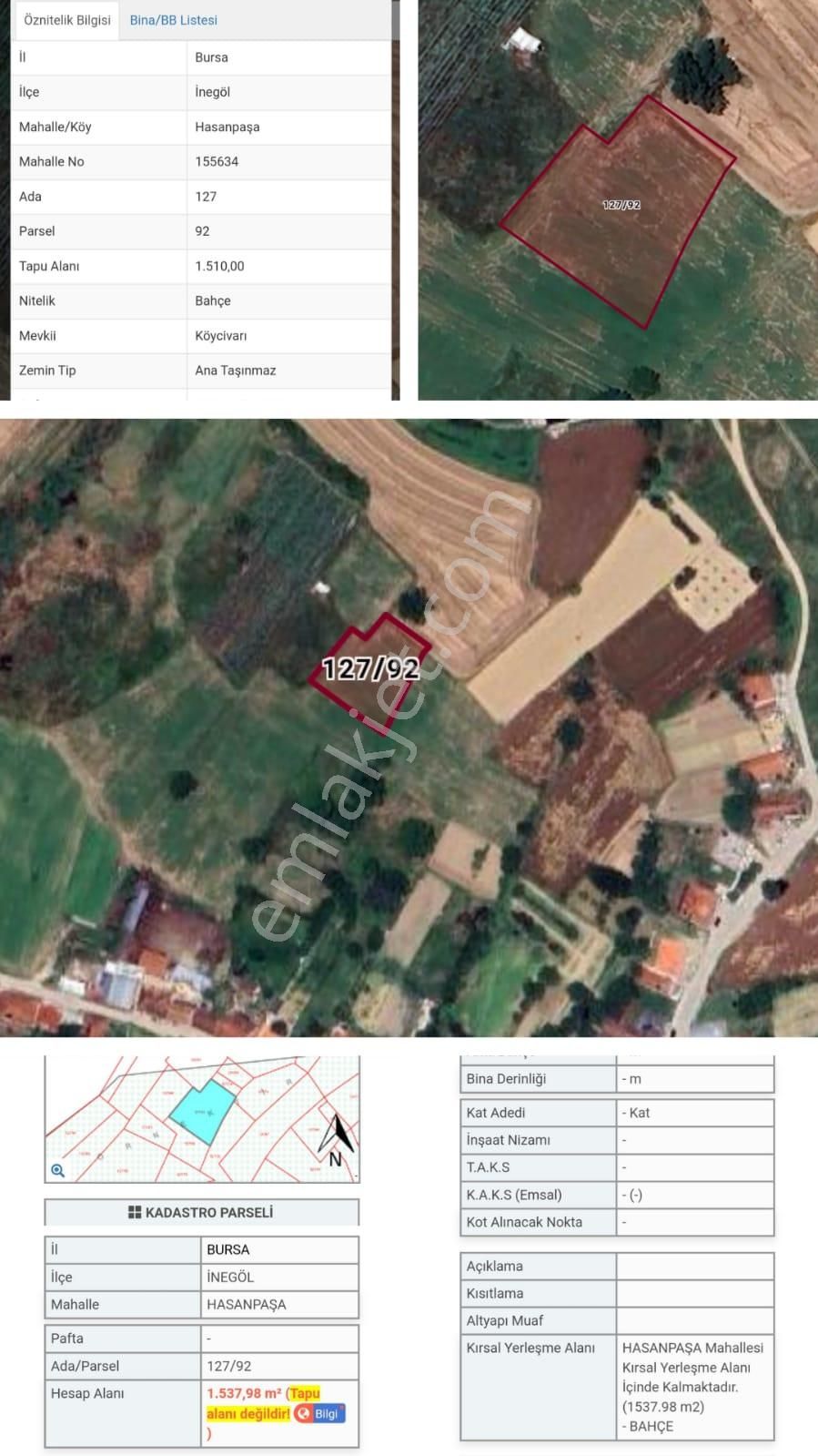 İnegöl Hasanpaşa Satılık Bağ & Bahçe İnegöl Hasanpaşa Köyünde Köy Yerleşim Alanında 1500m2bahçe