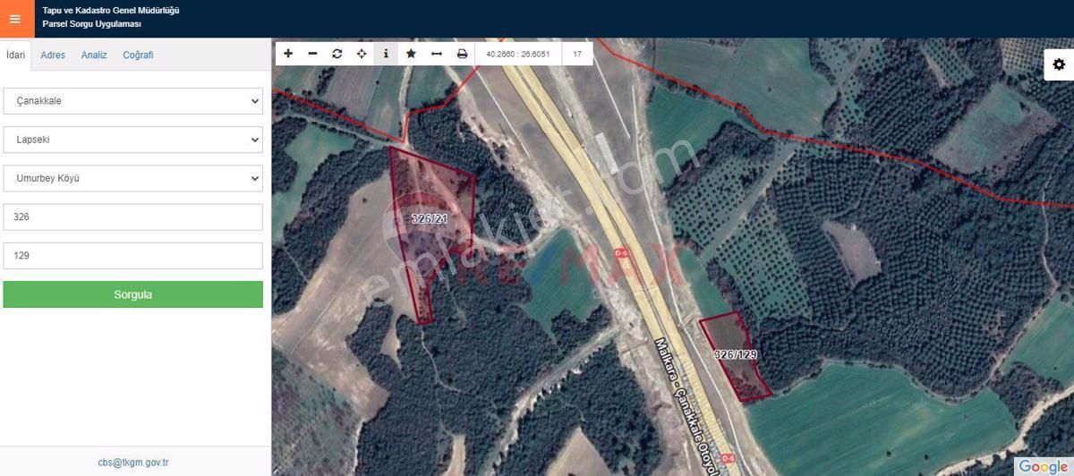 Lapseki Umurbey Bld. (Umurbey Merkez) Satılık Tarla ERDAL TURAN'DAN LAPSEKİ'DE OTOBAN KENARI 11350 M2 ARAZİ