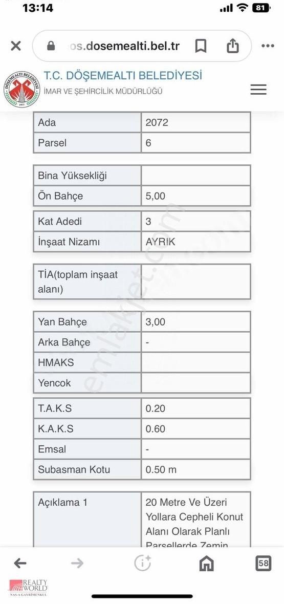 Döşemealtı Altınkale Satılık Villa İmarlı DÖŞEMEALTI ALTINKALE'DE SATILIK 666 M2 ARSA