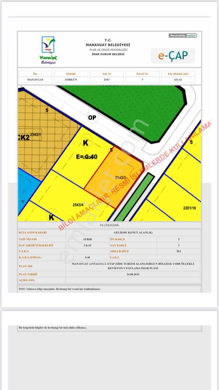 Manavgat Sorgun Satılık Konut İmarlı SORGUNDA KÖŞEBAŞI 621 M2 SATILIK ARSA 