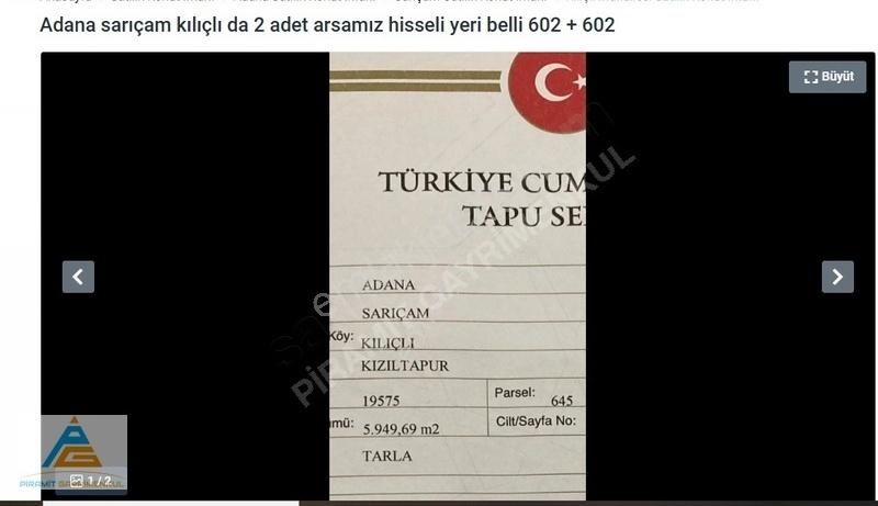 Sarıçam Kılıçlı Satılık Tarla SARIÇAM KILIÇLI DA 2 ADET ARSAMIZ HİSSELİ YERİ BELLİ 602 +602 M2