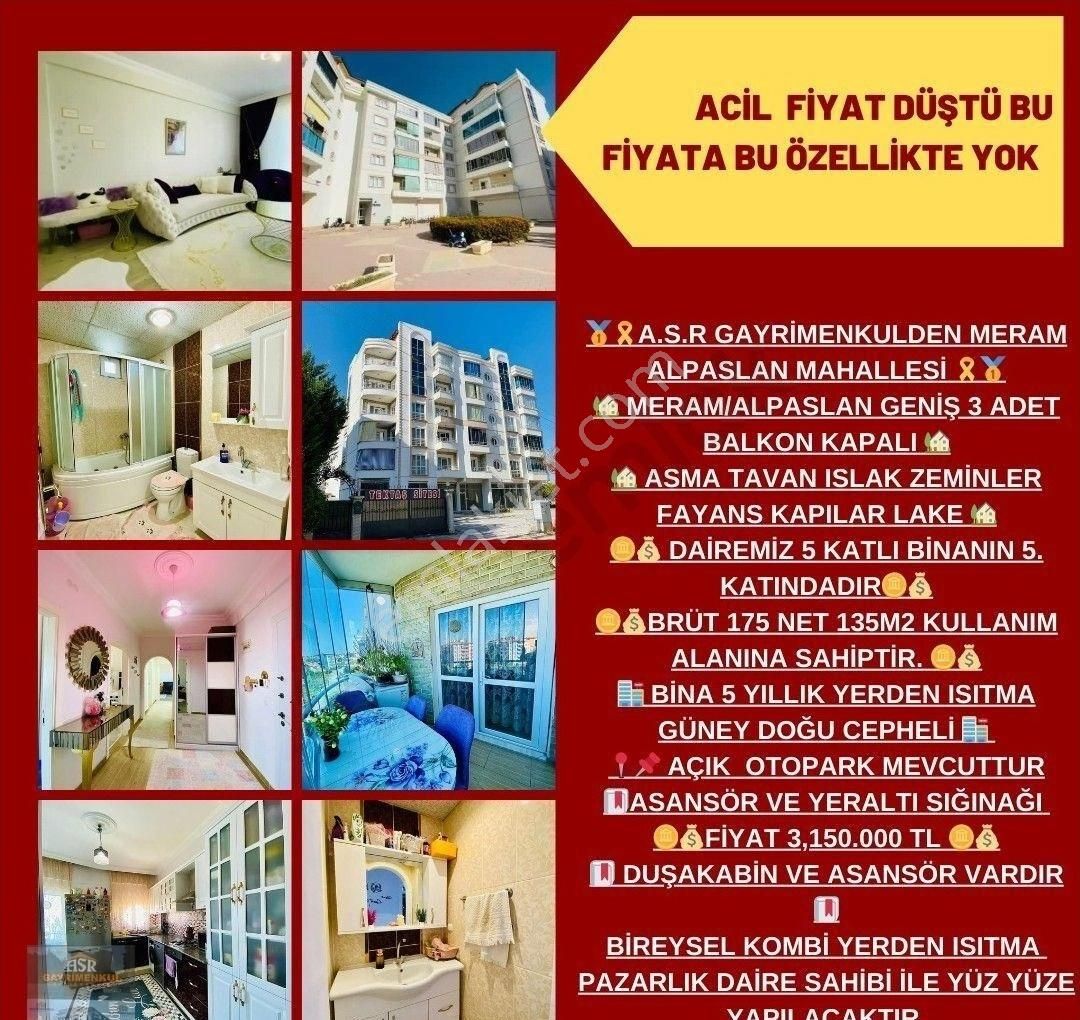 Meram Alpaslan Satılık Daire 🥇🎗️ ACİİİL SATILIK 3+1  MERAM ALPASLAN MAHALLESİ 🎗️🥇  🏡 MERAM /ALPASLAN GENİŞ 3 ADET BALKON KAP