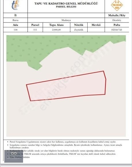 Mudanya Dereköy Satılık Tarla MUDANYA DEREKÖY SATILIK 2000 m2 TARLA KÖYE 250 MT MESAFEDE