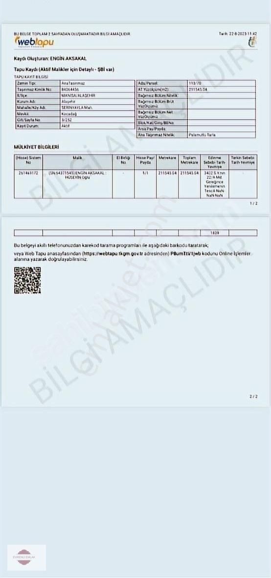 Alaşehir Serinyayla Satılık Tarla Serin Yaylada Satılık Arazi