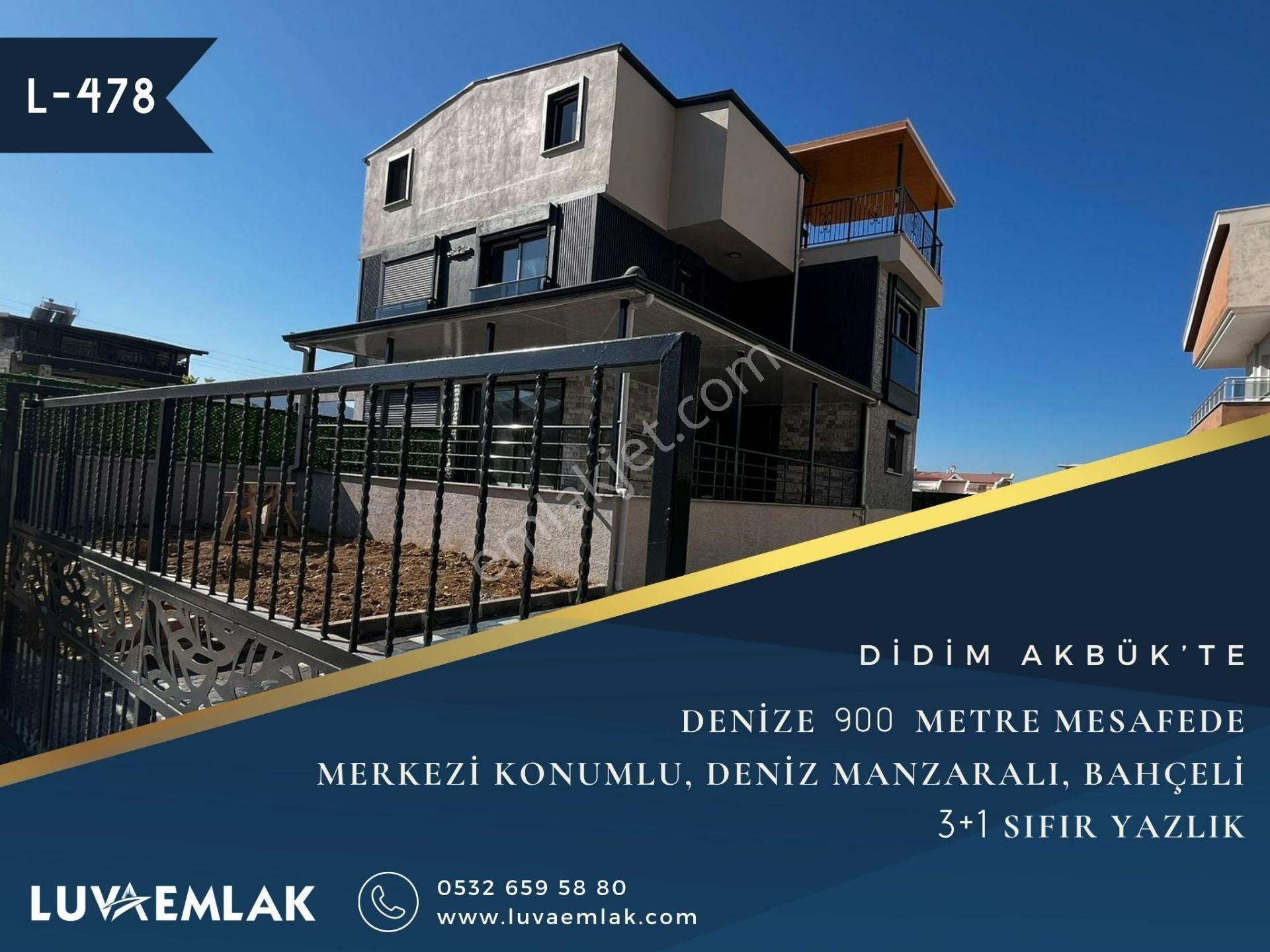 Didim Akbük Satılık Villa  DİDİM AKBÜK’TE MERKEZDE DENİZ MANZARALI DENİZE 900 METRE MÜSTAKİL BAHÇELİ 3+1 VİLLA