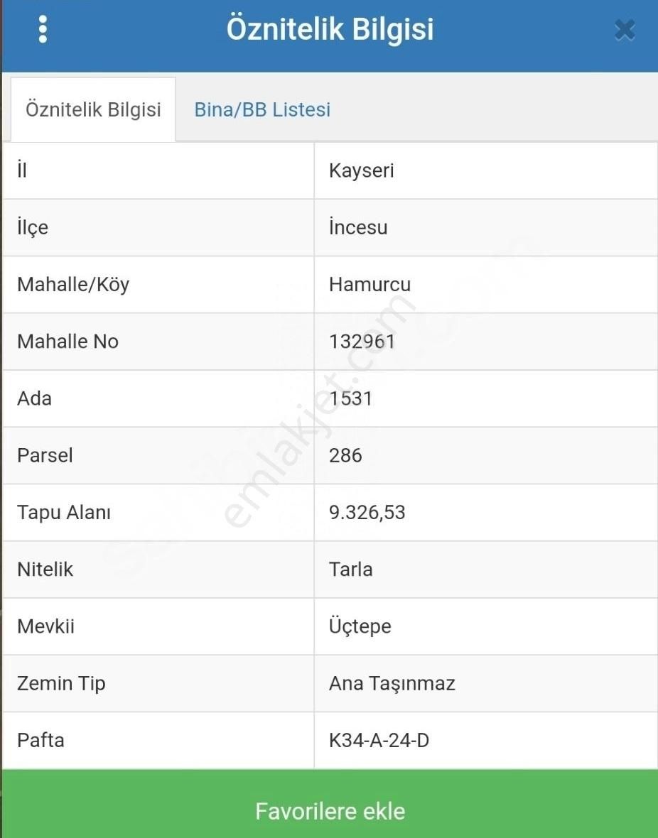 İncesu Hamurcu Satılık Tarla İNCESU HAMURCU DA TARLA