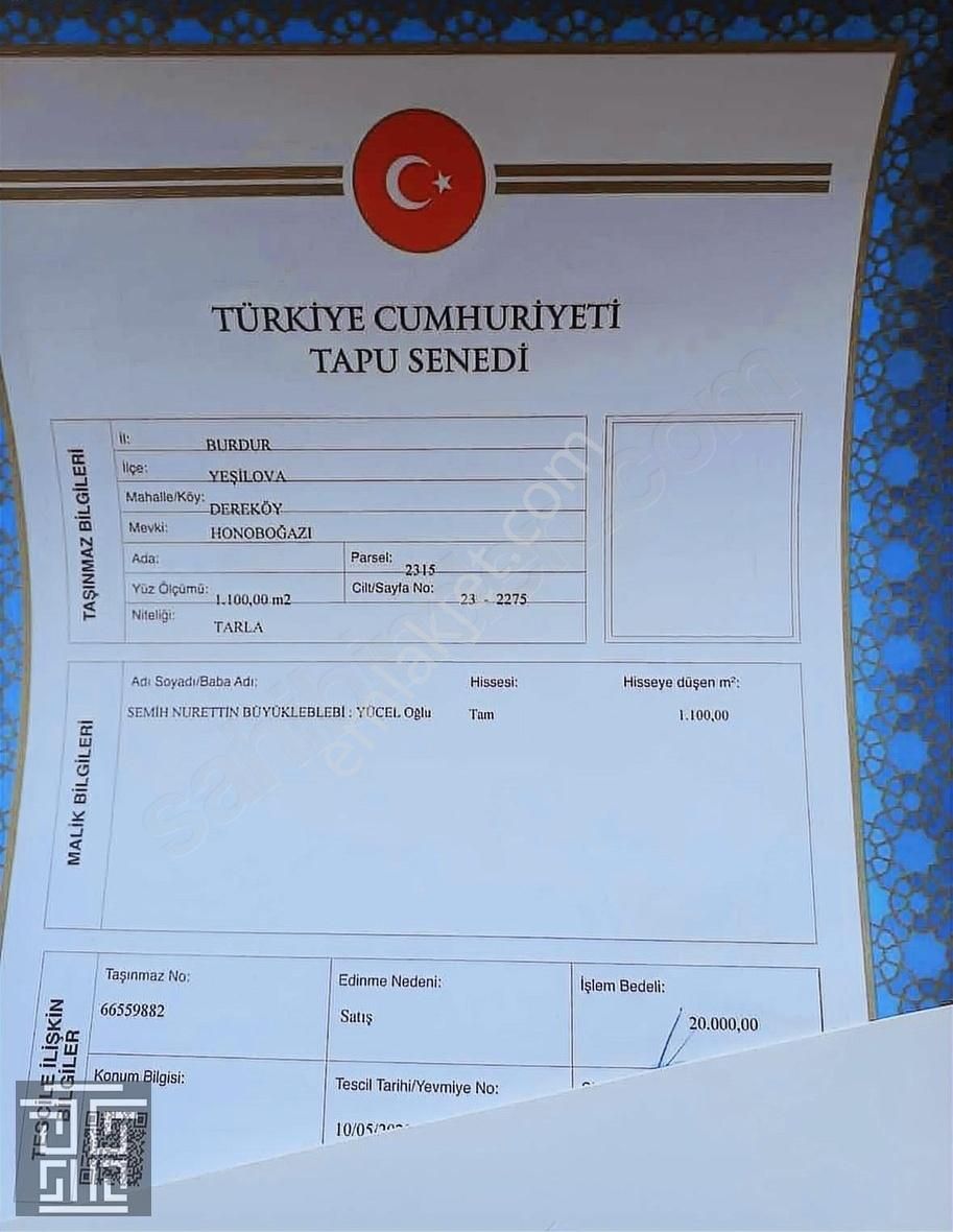 Yeşilova Dereköy Köyü Satılık Tarla Yeşilova Dereköyde 1100m2 Tek Tapu