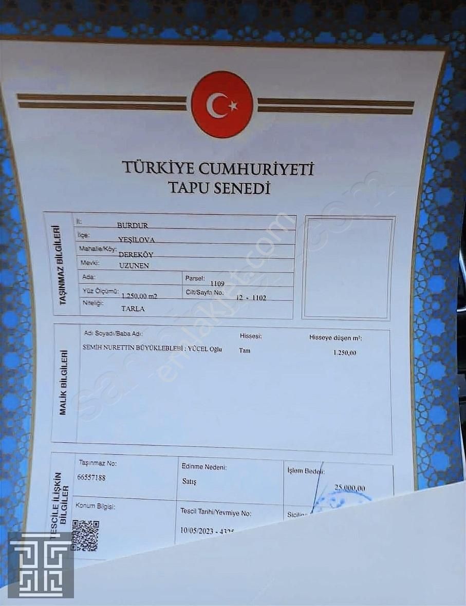 Yeşilova Dereköy Köyü Satılık Tarla Yeşilova Dereköy'de 1250m2 Tek Tapu