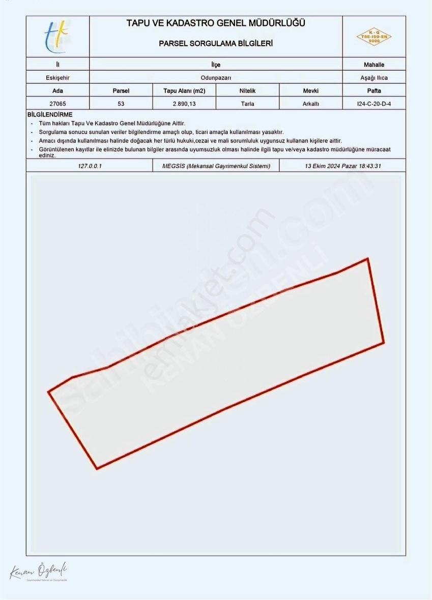 Odunpazarı Aşağıılıca Satılık Tarla ESKİŞEHİR ODUNPAZARI AŞAĞIILICA MAHALLESİ SATILIK 2.890 m² TARLA