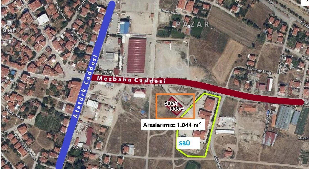 Şuhut Hacı Musa Satılık Konut İmarlı  İLBEY // Şuhut Mezbaha Caddesi SBÜ önünde 1044 m² ARSA