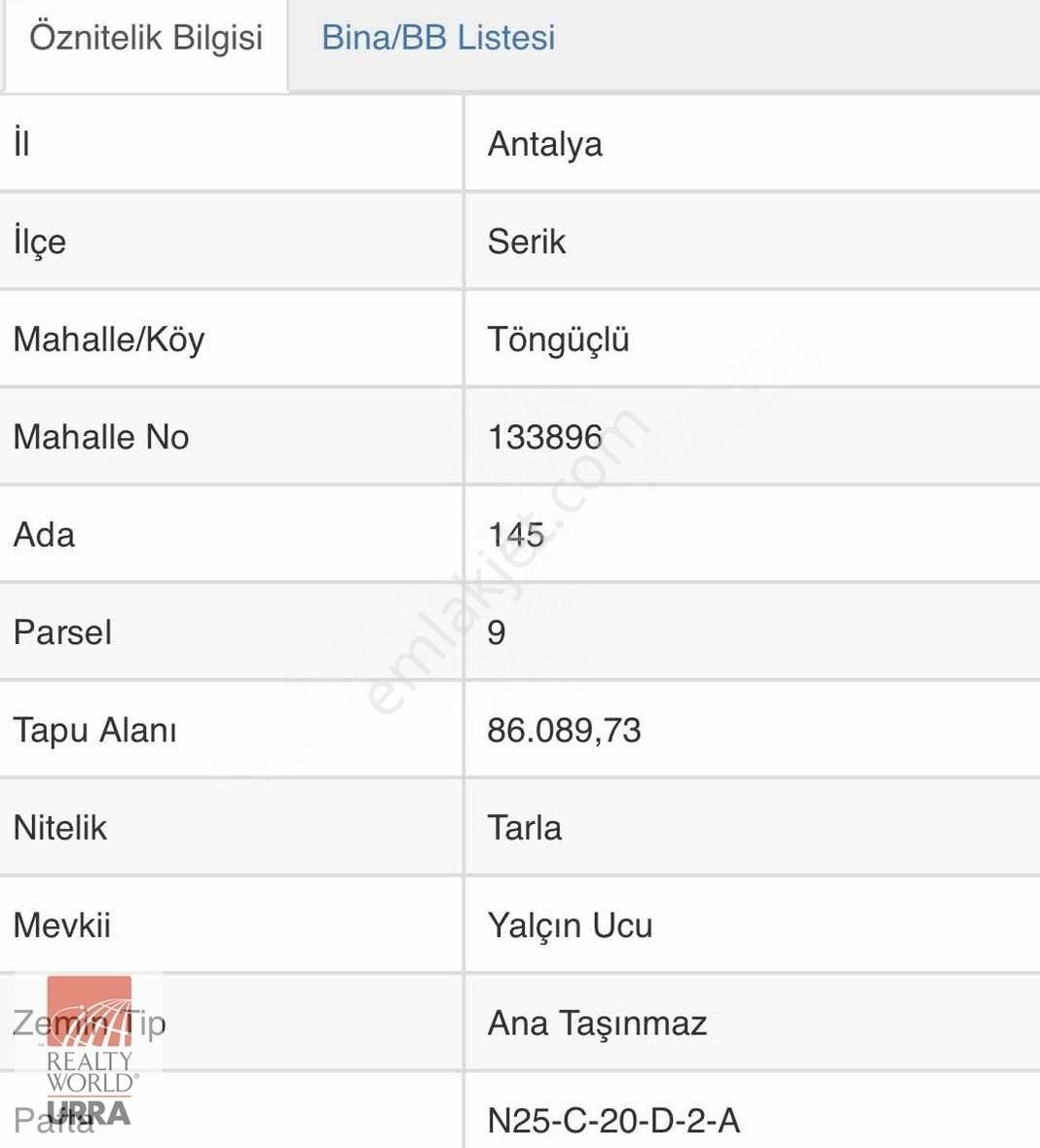 Serik Töngüşlü Satılık Tarla REALTY WORLD URRA ' dan SATILIK TARLA