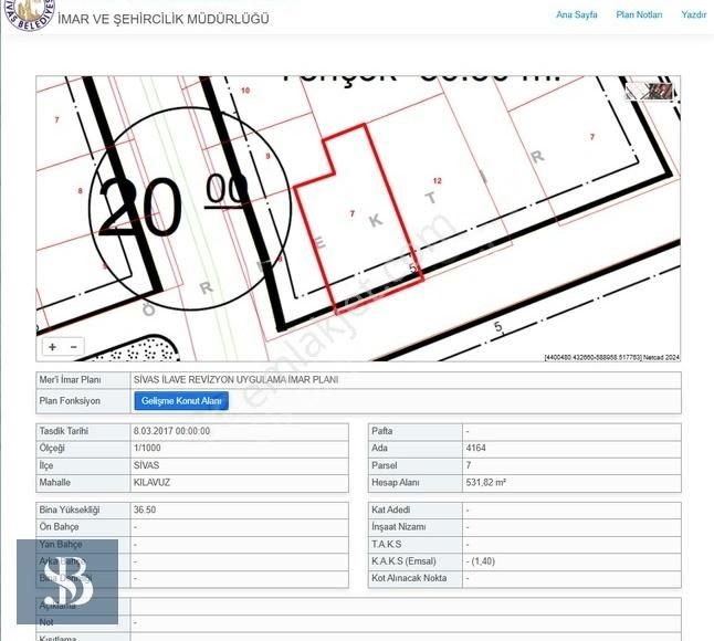 Sivas Merkez Kardeşler Satılık Konut İmarlı SB GAYRİMENKUL'DEN BAĞDAT CADDESİ ÜZERİ NET 532M2 ARSA