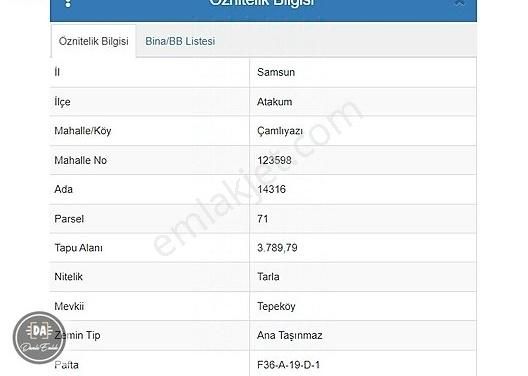 Atakum Çamlıyazı Satılık Tarla DAMLA EMLAK METİN ARSAL'DAN ÇAMLIYAZI'DA 3790M2 SATILIK TARLA