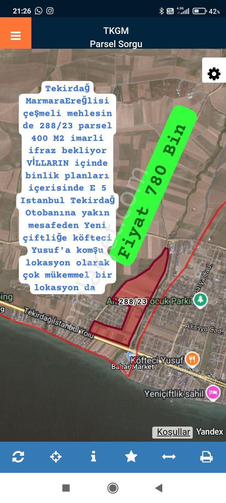 Marmaraereğlisi Çeşmeli Satılık Tarla Tekirdağ MarmaraEreğlisi çeşmeli mehlesin de 288/23 parsel 400 M2 imarli ifraz bekliyor VİLLARIN İÇİ