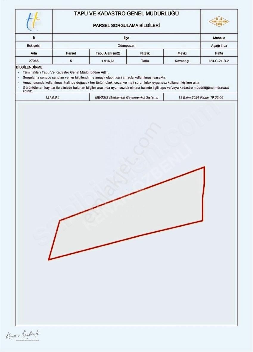 Odunpazarı Aşağıılıca Satılık Tarla ESKİŞEHİR ODUNPAZARI AŞAĞIILICA MAHALLESİ SATILIK 1.916 m² TARLA