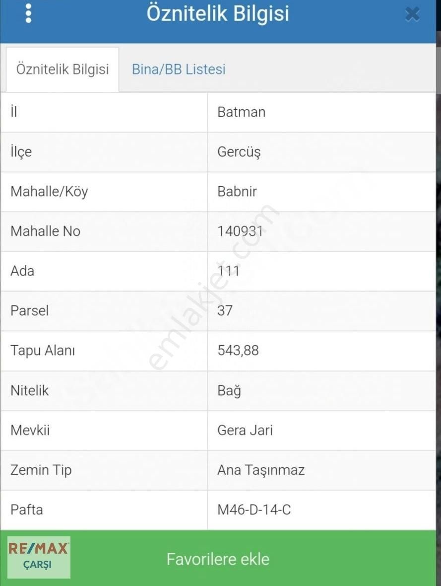 Gercüş Babnir Köyü Satılık Bağ & Bahçe REMAX ÇARŞI OFİSİ'NDEN BATMAN GERCÜŞTE 543 M2 SATILIK BAĞ