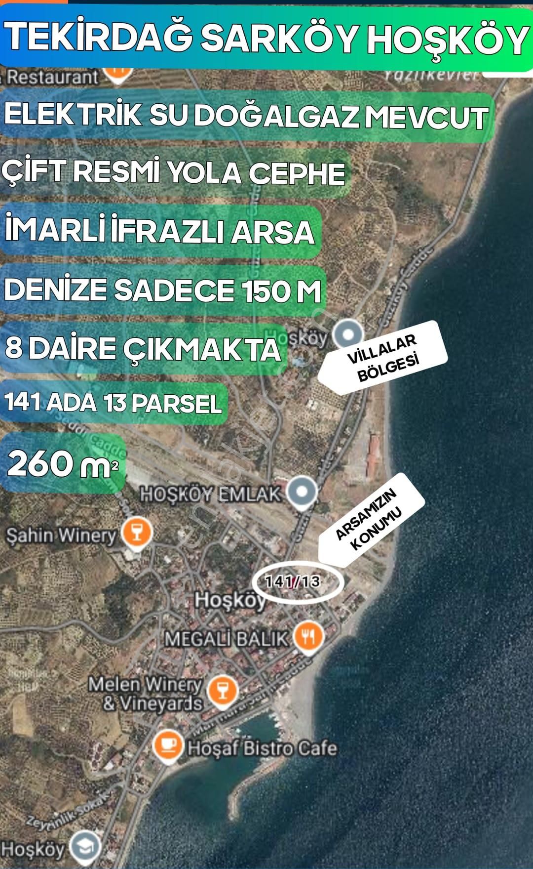 Şarköy Hoşköy Satılık Tarla Şarköy Hoşköy 260 M² İmarlı İfrazlı 8 Daire Çıkmakta Çift Resmi Yola Cephe Denize Sadece 150m Arsa