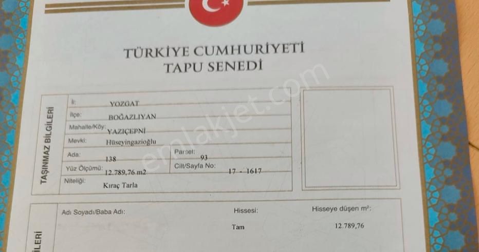 Boğazlıyan Yazıçepni Köyü Satılık Tarla YAZIÇEPNİ DE SAHİBİNDEN SATILIK 2 TARLA 15.100 M2 