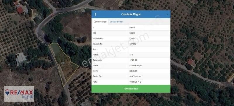 Mezitli Çevlik Satılık Bağ & Bahçe REMAX TROPİK'TEN ÇEVLİK YATIRIMLIK SATILIK 1.125M² LİMON BAHÇESİ