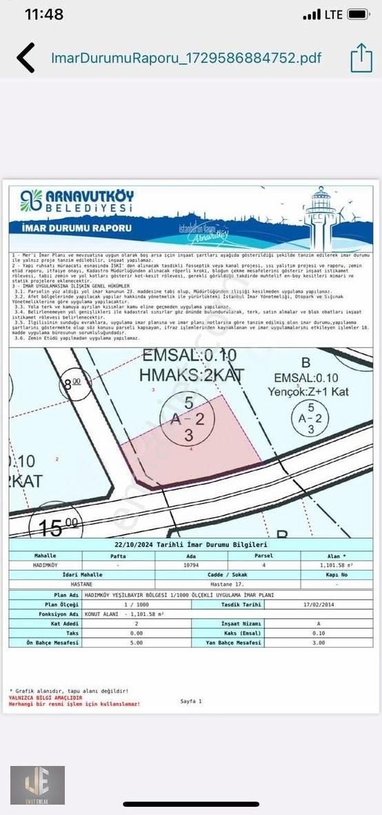 Arnavutköy Hastane Satılık Konut İmarlı Hadımköy Barsan Lojistik Alt Tarafında Yatırımlık Arsa