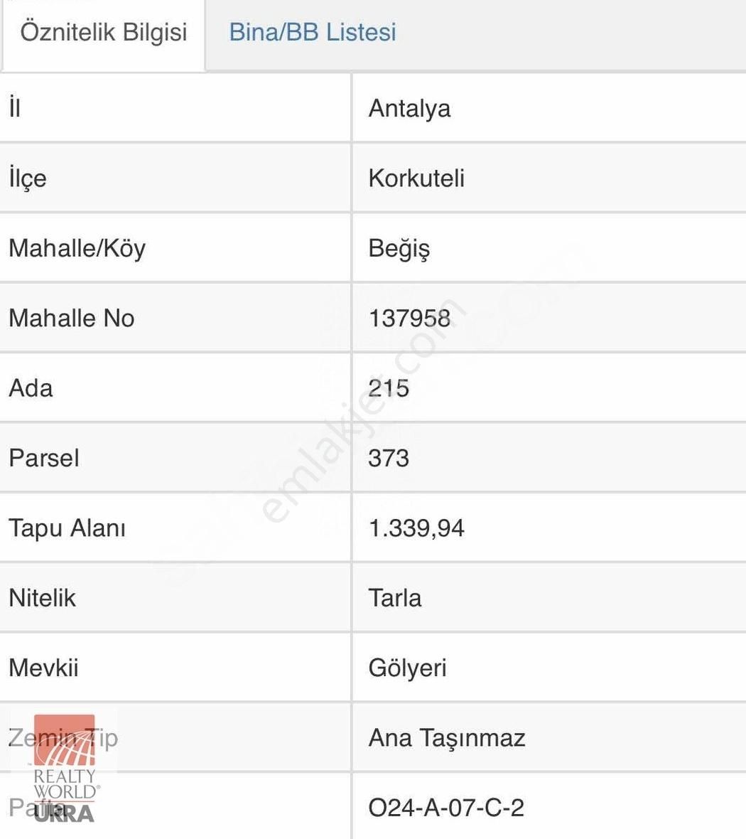 Korkuteli Beğiş Satılık Tarla REALTY WORLD URRA ' dan SATILIK FIRSAT TARLA