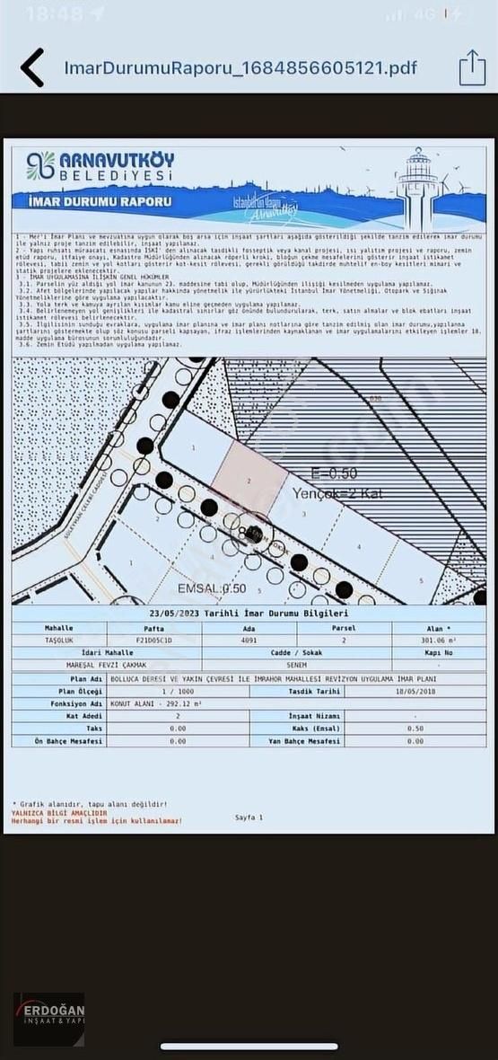 Arnavutköy Mareşal Fevzi Çakmak Satılık Konut İmarlı ERDOĞAN YAPI'DAN 301 METRE MÜKEMMEL KONUMDA ARSA