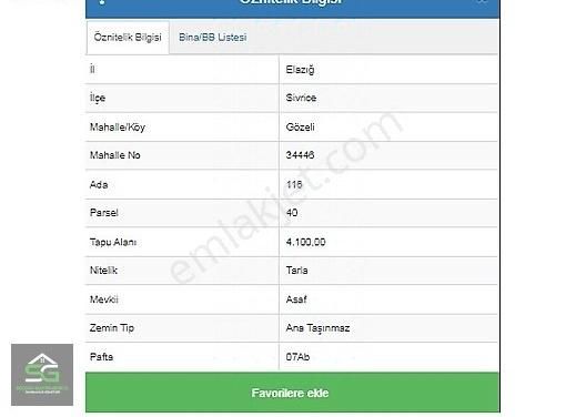 Sivrice Gözeli Köyü (Esaflar) Satılık Tarla Elazığ Satılık Tarla 4100 M2 Gözeli Köyü En Uygun Fiyatlı Tarla