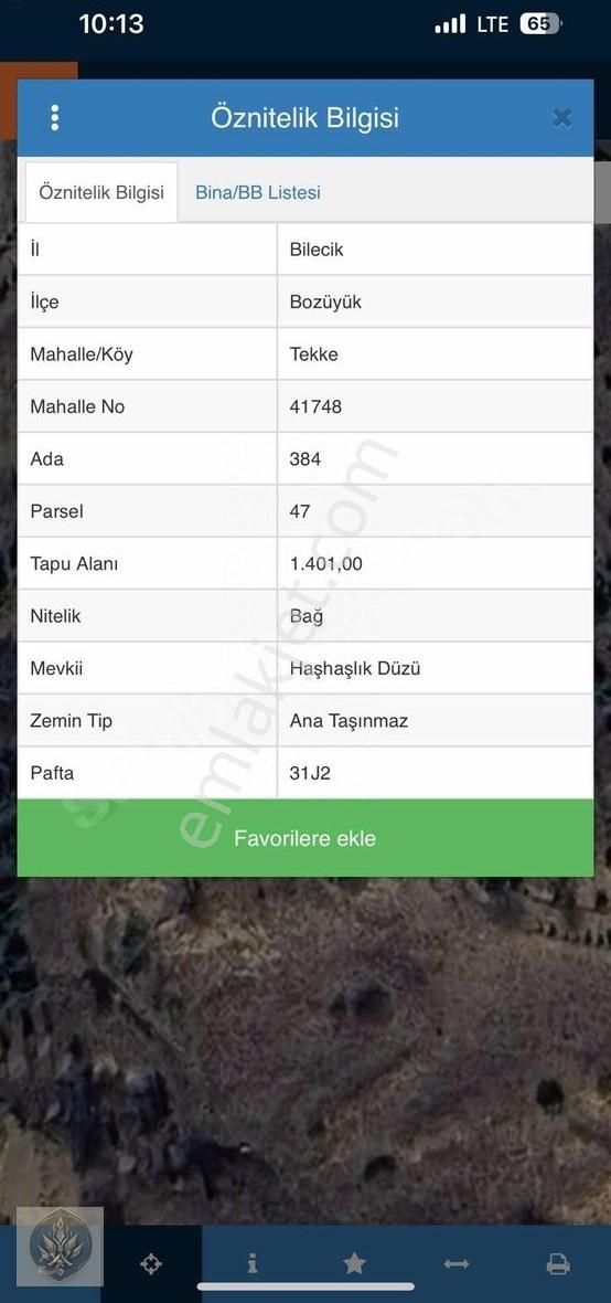 Bozüyük Tekke Satılık Tarla BOZÜYÜK TEKKE MAHALLESİ BAĞ 1400 m2