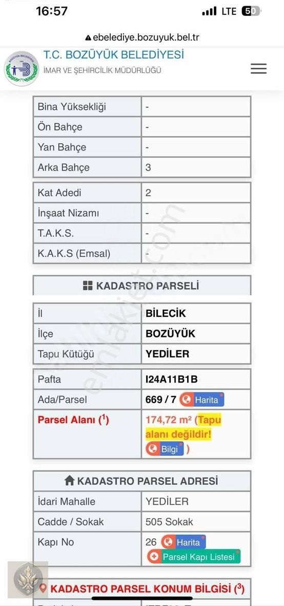 Bozüyük Yediler Satılık Konut İmarlı Bozüyük Çarşı Mahalle Yediler Mevki Köse Parsel 175 M2