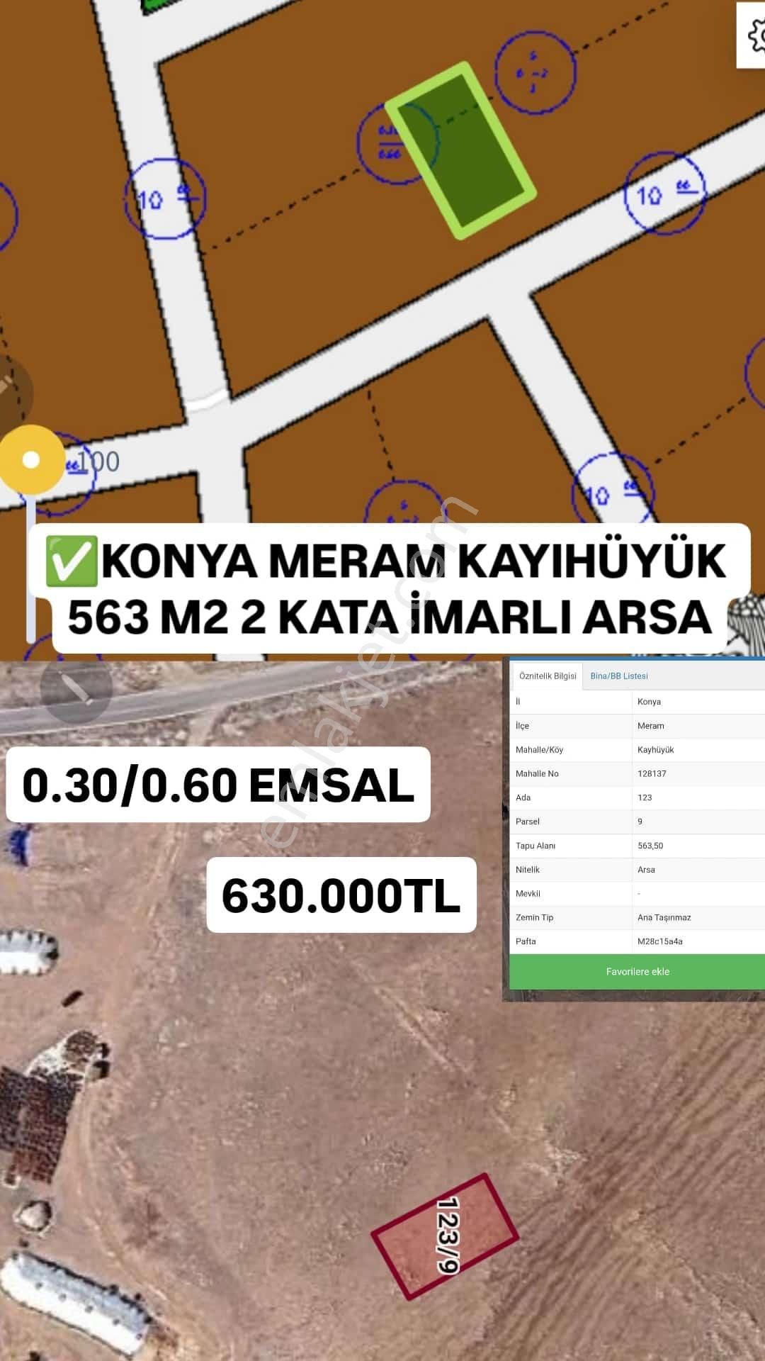 Meram Kayıhüyük Satılık Konut İmarlı  MERAM KAYHÜYÜK'DE 563 M² 2 KATA KONUT İMARLI ARSA (0.30/0.60)