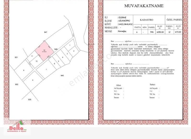 Uzunköprü Sazlımalkoç Köyü Satılık Tarla Delta Dan Sazlımalkoç Ta 673m2 Hisse Payı Muvafkatnameli