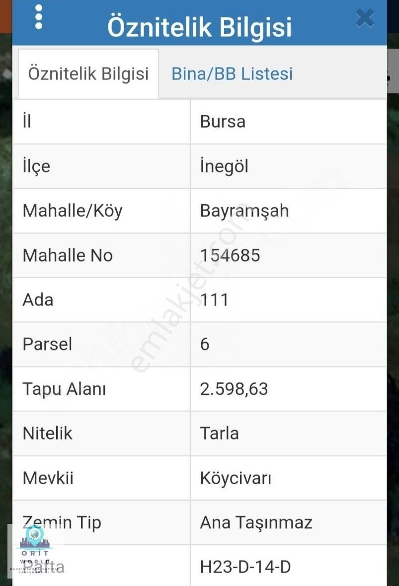 İnegöl Bayramşah Satılık Tarla İNEGÖL BAYRAMŞAH KÖYÜNDE 2.598 M2 YATIRIMLIK HOBİ BAHÇESİ