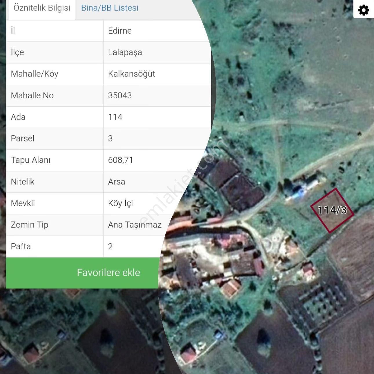 Lalapaşa Kalkansöğüt Köyü Satılık Tarla Edirne Lalapaşa 608m2 İmarlı İfrazlı Tek Tapu Yerleşim İçi