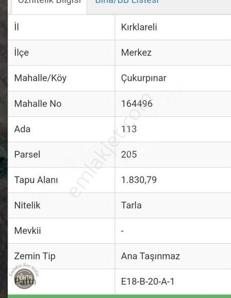 Kırklareli Merkez Çukurpınar Köyü Satılık Bağ & Bahçe NOKTA EMLAK SATILIK TARLA