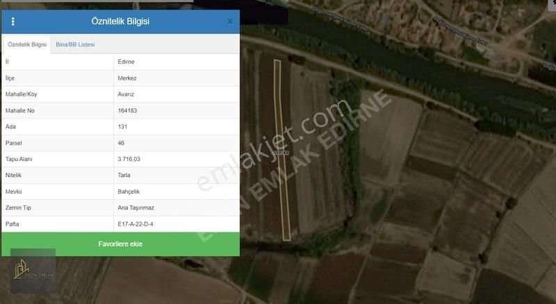 Edirne Merkez Avarız Köyü Satılık Tarla Edirne Merkez Avarız Köyünde Satılık 3.716 M2 Tarla