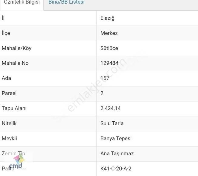 Elazığ Merkez Sütlüce Köyü (Merkez Mevki) Satılık Tarla [FMD] SÜTLÜCE'DE YOLA SIFIR 2.424 M2 SATILIK FIRSAT TARLA!!!