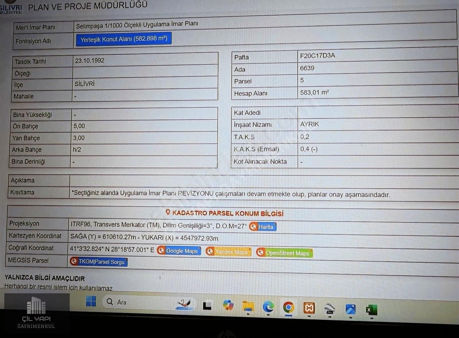 Silivri Selimpaşa Satılık Konut İmarlı Selimpaşa araptepe'de 582 m2 full deniz manzaralı konut arsası