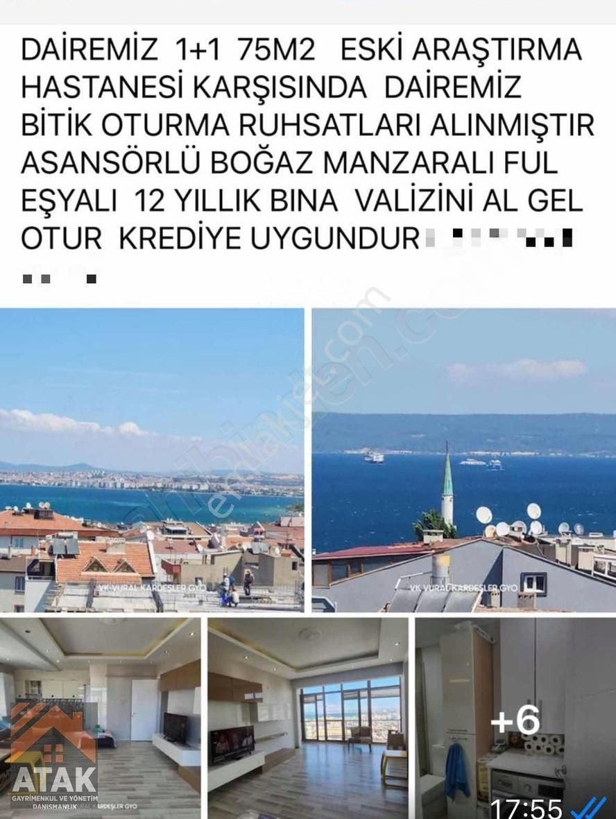 Çanakkale Merkez Kepez Bld. (Cumhuriyet) Satılık Daire Full Deniz Manzaralı ,muhteşem Konumda,geniş ,sıfır Eşyalı