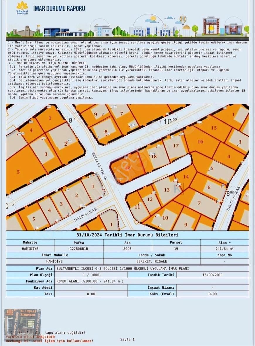 Sultanbeyli Hamidiye Satılık Konut İmarlı CADDE ÜZERİNDE 3 CEPHELİ SATILIK 241M2 İMARLI ARSA