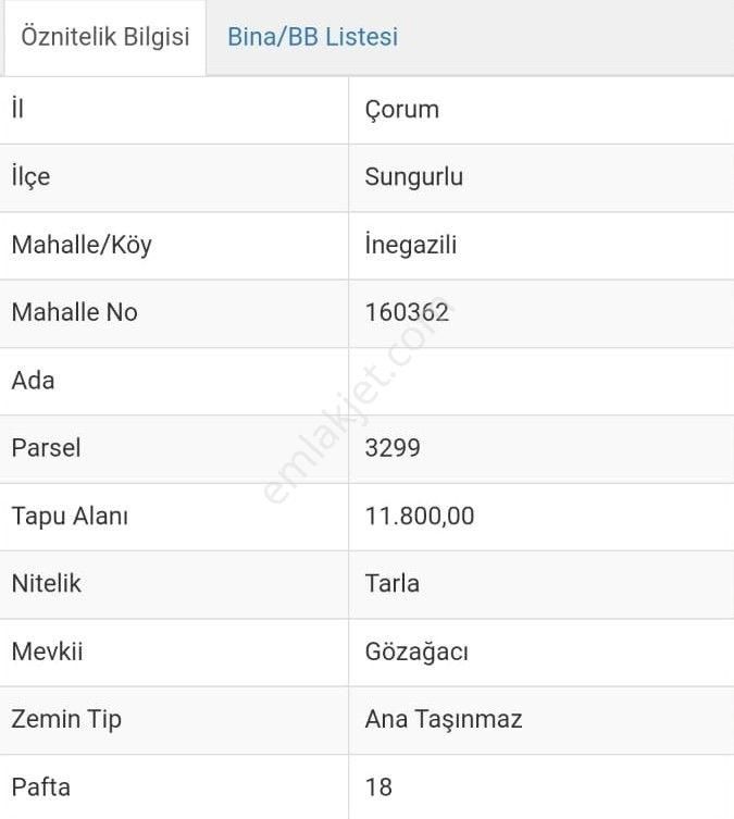 Sungurlu İnegazili Köyü Satılık Tarla Çorum Sungurlu İnegazili Mahallesi 11.800 M2 Satılık Tarla