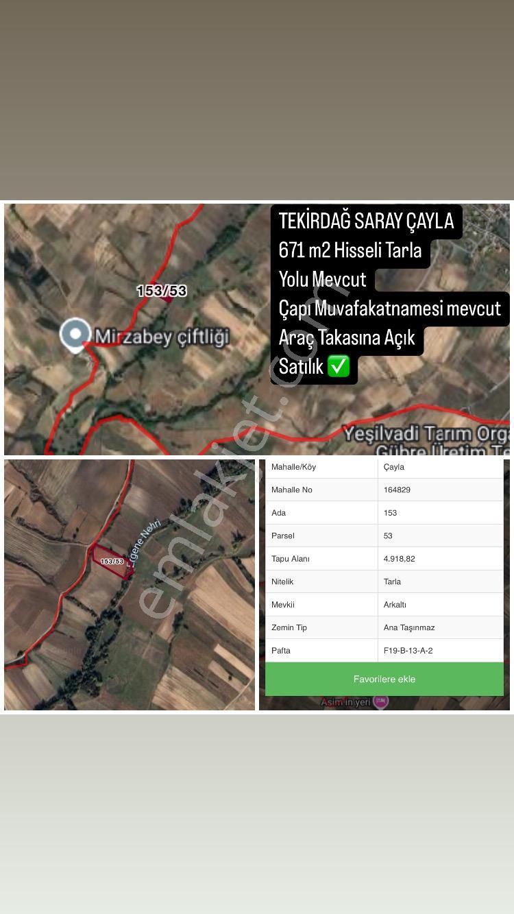 Saray Çayla Satılık Tarla Saray Çayla 671 M2 Yolu Açık Araç Takasına Uygun Yatırımlık Arsa