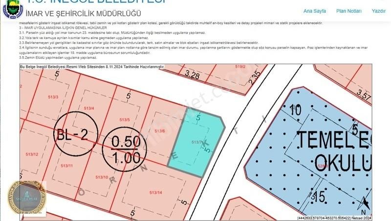 İnegöl Huzur Satılık Ticari İmarlı Huzur Mah.kalbinde 324m² Satılık Köşe Arsa