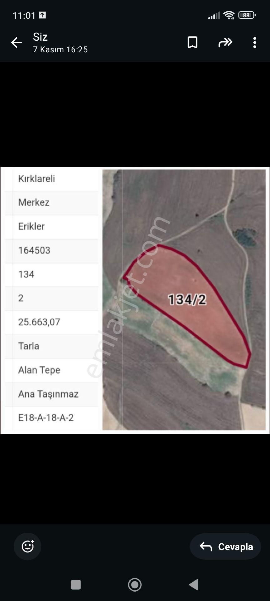 Kırklareli Merkez Erikler Köyü Satılık Tarla Kırklareli Merkez Erikler Köyü 25.663 M2 Tarla Çiftlik Yapımına Uygun Arazimiz Yolu Var Ev Yapılabir