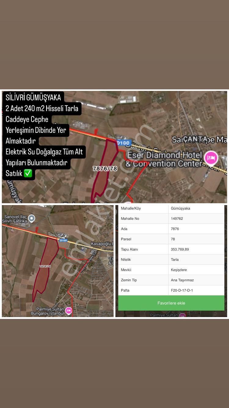 Silivri Gümüşyaka Satılık Tarla Silivri Gümüşyaka 240 M2 Caddeye Cephe Tüm Alt Yapıları Mevcut Yerleşim Dibinde Arsa