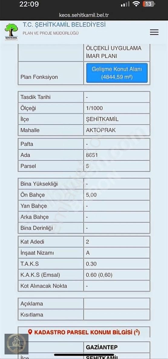 Şehitkamil Aktoprak Satılık Villa İmarlı Baron Dan Aktoprak A2 Villa Arsası Uygun Fiyat Yüksek Kask