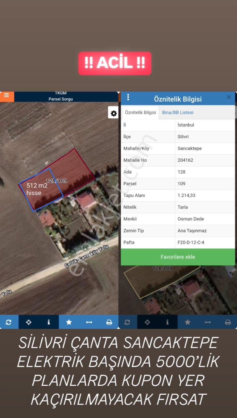 Silivri Çanta Sancaktepe Satılık Tarla Silivri Çanta Harika Konumda Elektrik Başında Kupon Yer