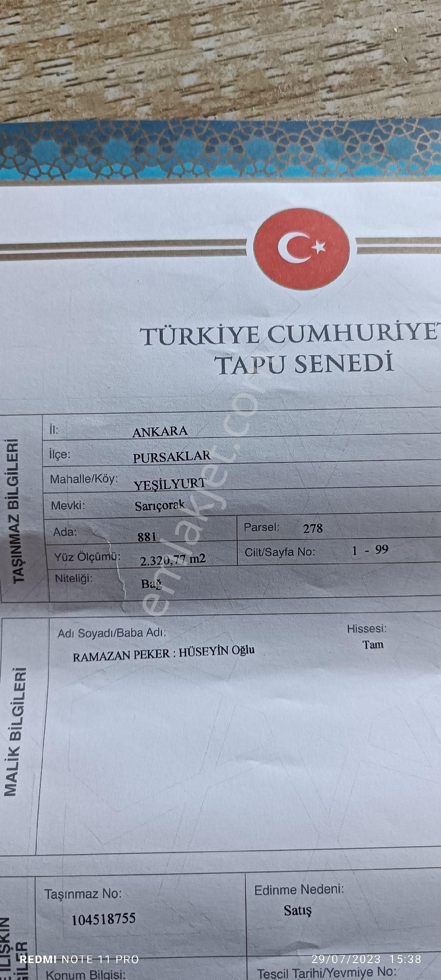 Pursaklar Sirkeli Yeşilyurt Satılık Bağ & Bahçe Tek Tapu Bağ Yeri