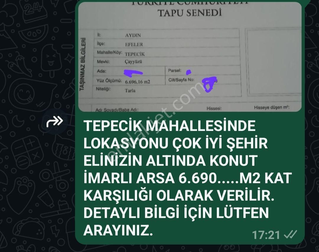 Aydın Efeler Kat Karşılığı Toplu Konut İçin Aydın Efeler De Tepecik Sınırlarında Satılık Konut İmarlı Arsa