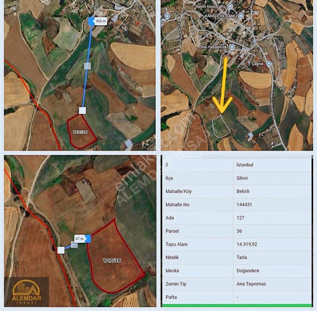 Silivri Bekirli Satılık Tarla Silivri Bekirlide Müstakil Tapu'lu 14.320 M² Tarla