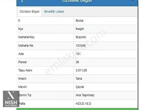 İnegöl Süpürtü 'de Çaylar Mevkii Satılık Tarla